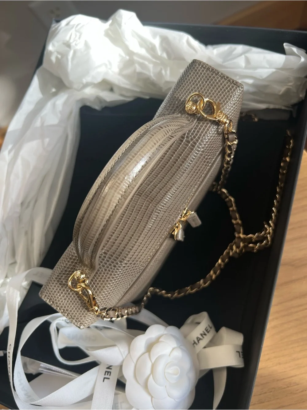 Chanel 26A Dark Khaki Lizard-Embossed Calfskin Top Handle Vanity Case w/Chain